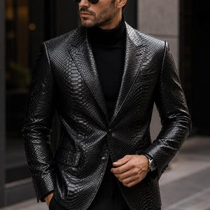 Men’s Python Pattern Leather Blazer | Genuine Cowhide Snake Print Jacket | Slim Fit Luxury Leather Sport Coat | Gift for Him