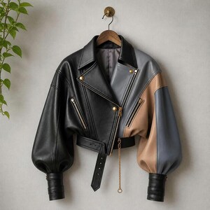 Women’s Color Block Leather Jacket | Genuine Sheepskin Cropped Biker Jacket | Puff Sleeve Patchwork Moto Coat | Handmade Gift for Her