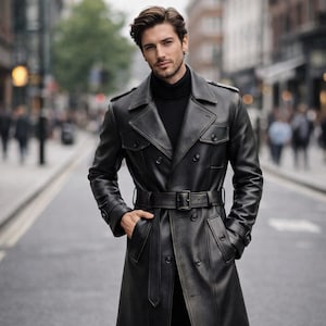 May include: A black leather trench coat with a double-breasted design, a belt, and a classic collar. The coat is knee-length and has pockets. The person in the image is wearing a black turtleneck.
