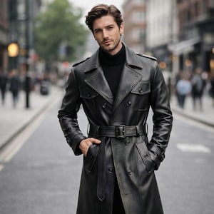 Men's Black Genuine Cowhide Leather Trench Coat Full Length Overcoat Double Breasted Winter Leather Jacket Custom Made Long Coat