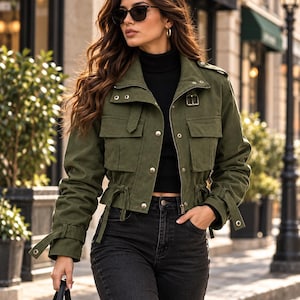 Puede incluir: Una chaqueta utilitaria corta de color verde oliva con cuello alto y correa con hebilla, dos grandes bolsillos en el pecho con solapas, botones metálicos a presión y cordones ajustables en la cintura. La chaqueta tiene mangas largas con puños con hebilla.