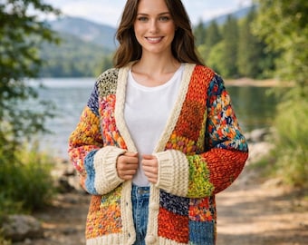 Cardigan au crochet en patchwork coloré, pull en tricot bohème surdimensionné, cardigan carré grand-mère arc-en-ciel, tricots acryliques confortables, cadeau pour petite amie