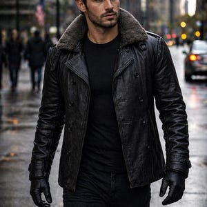 May include: A black leather jacket with a fur collar, worn with a black shirt, black jeans, and black gloves. The jacket has a double-breasted design. The person is walking on a city street.