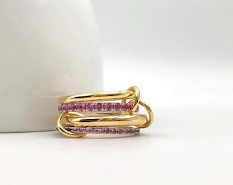 14K Solid Gold Ruby & Pink Sapphire Multi Band Ring