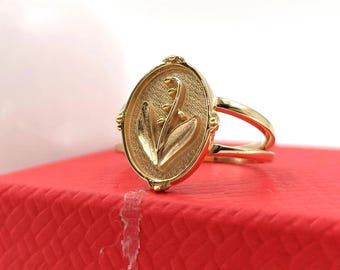 Anillo de sello de oro macizo de 14 quilates con flor de nacimiento: joyería floral grabada