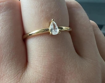 Anillo de oro de 14 quilates con diamante talla pera, anillo de compromiso apilable talla marquesa.