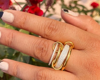 Anillo multieslabón de oro de 14 quilates: banda conectora de plata gruesa