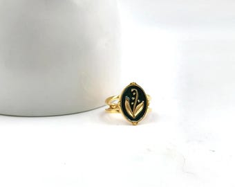 Anillo de luto de plata 925 esmaltada: diamante talla rosa, lirio del valle, camafeo vintage.