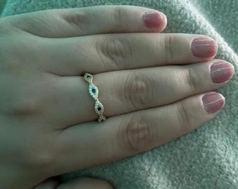 Dainty Blue Evil Eye Band Ring, Sterling Silver Stacking Protection Ring