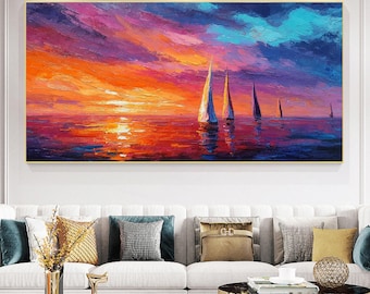 Vibrant Sunset Sailboats Oil Painting, Colorful Ocean Seascape Wall Art, Textured Marine Scenery On Canvas, Elegant Coastal Room Home Decor
