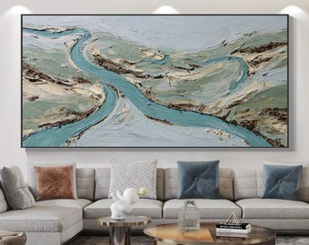 Abstract Winding River Oil Painting, Textured Aerial Landscape Wall Art, Original Green Valley Views Canvas Art, Modern Living Room Decor