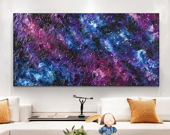 Vibrant Abstract Galaxy Oil Painting, Textured Purple Blue Space Wall Art, Cosmic Starry Night Canvas Art, Dark Modern Universe Home Decor