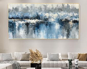 Abstract blauw marineolieverfschilderij, dikke zware Impasto getextureerde muurkunst, grote moderne minimalistische op canvas, uniek paletmes Home Decor