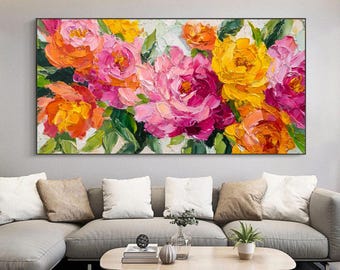 Vibrant Peony Floral Oil Painting, Original Pink Rose Wall Art, Thick Textured Blossoms Canvas Artwork, Romantic Botanical Spring Home Decor