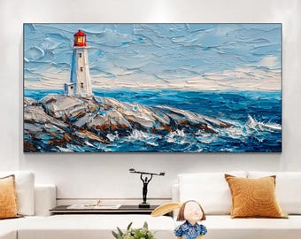 Textured White Lighthouse Oil Painting, Beautiful Rocky Beacon Wall Art, Heavy Impasto Seascape Canvas Art, Vibrant Coastal Ocean Home Decor