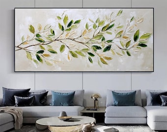 Peinture à l'huile texturée de feuilles vertes, empâtement artistique sur toile botanique, décoration murale abstraite de branche