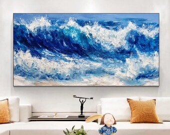 Abstract Blue Ocean Oil Painting, Textured Marine Waves Wall Art, Heavy Impasto Seascape Canvas Art, Magnificent Coastal Beach Home Decor