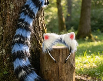 Blue Black Striped Faux Fur Tail and Ear Set, Handmade Cosplay and Halloween Costume Accessory