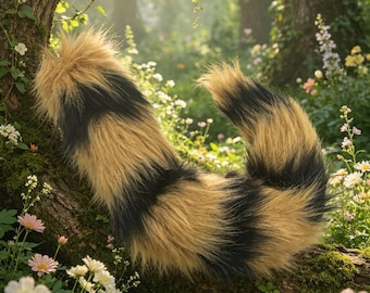 Yellow and Black Striped Faux Fur Tail, Handmade Cosplay Halloween Costume Accessory