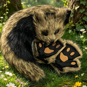 Op de afbeelding: Een pluche das met een zwarte streep op zijn rug en zwarte poten met bruine pootafdrukken. De das ligt op groen gras met kleine witte en gele bloemen.