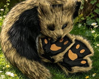 Conjunto de máscara, cola y patas de lobo marrón Therian, disfraz de cosplay de piel sintética, máscara de animal hecha a mano, atuendo de lobo para Halloween.
