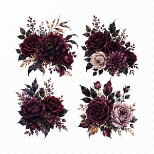 May include: Four watercolor floral arrangements featuring dark red roses, dahlias, and other flowers with dark leaves and accents. The bouquets have a gothic or vintage aesthetic, with a white background.