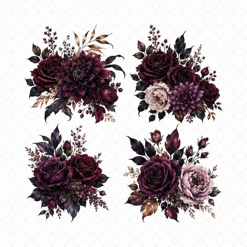 May include: Four watercolor floral arrangements featuring dark red roses, dahlias, and other flowers with dark leaves and accents. The bouquets have a gothic or vintage aesthetic, with a white background.