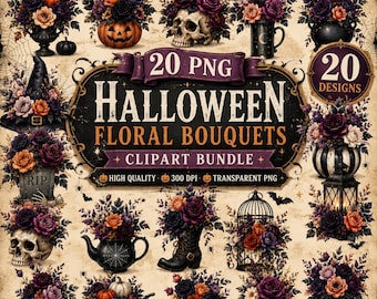 Halloween Floral Clipart Bundle, 20 PNG Dark Gothic Flowers, Spooky Floral PNG, Halloween Botanical Clipart, Gothic Rose PNG, Commercial Use