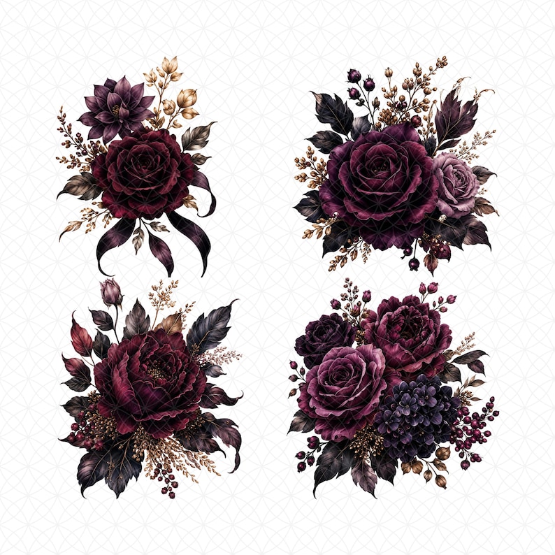 May include: Four watercolor floral arrangements featuring deep burgundy roses, dark leaves, and accents of gold and brown. Each arrangement has a unique composition, with varying sizes and styles of flowers and foliage. The background is a subtle white pattern.
