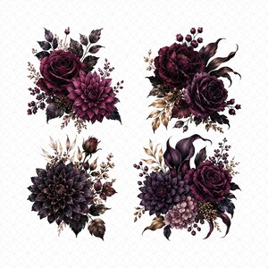 May include: Four floral arrangements featuring dark burgundy roses, dahlias, and other flowers with dark leaves and accents. The arrangements are set against a white background with a subtle geometric pattern.