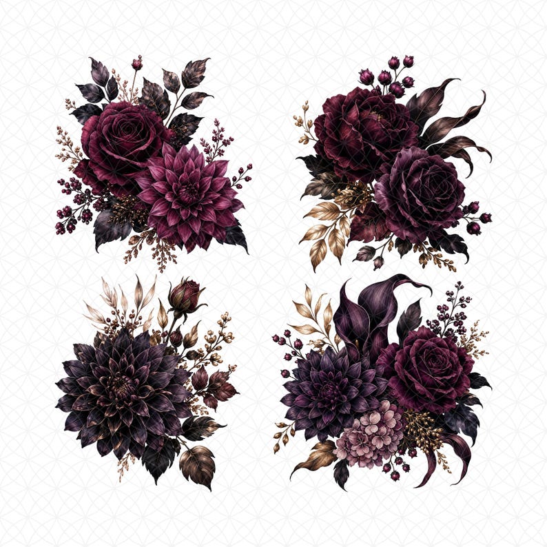 May include: Four floral arrangements featuring dark burgundy roses, dahlias, and other flowers with dark leaves and accents. The arrangements are set against a white background with a subtle geometric pattern.