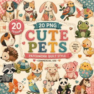 Könnte beinhalten: Ein digitales Bild mit 20 niedlichen Haustierdesigns im Patchwork-Quilt-Stil. Das Bild zeigt verschiedene Tiere, darunter ein Hund, eine Katze, ein Hase, ein Vogel, ein Fisch, ein Frosch, eine Ente, ein Meerschweinchen, ein Igel, ein Waschbär, eine Schildkröte, ein Corgi, ein Lamm, ein Schwein, ein Küken, ein Goldfisch, ein Wellensittich, eine Maus, ein Panda und ein Pferd.