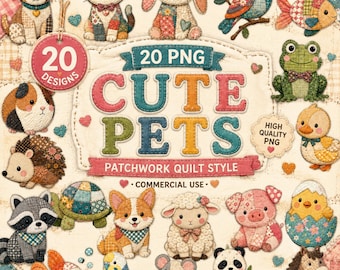 Patchwork Quilt Style Pets Clipart Bundle (20 PNG Designs)
