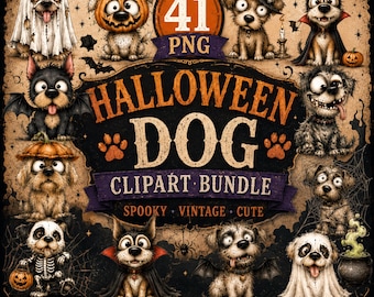 Halloween Dog Clipart Bundle PNG, Spooky Vintage Puppy Clipart, Ghost Witch Skeleton Dog Transparent PNG