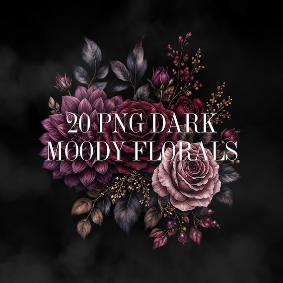 Dark Moody Floral Watercolor Clipart Bundle, Gothic Botanical PNG (20 Files)