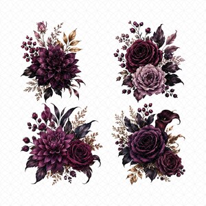 May include: Four floral arrangements featuring dark purple and burgundy flowers, including roses, dahlias, and calla lilies. The bouquets are accented with berries and leaves in shades of brown and gold, set against a white background.