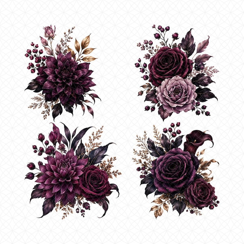 May include: Four floral arrangements featuring dark purple and burgundy flowers, including roses, dahlias, and calla lilies. The bouquets are accented with berries and leaves in shades of brown and gold, set against a white background.