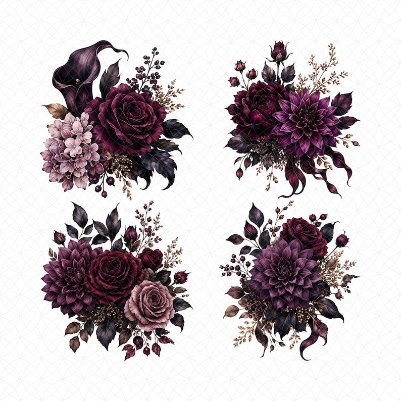 May include: Four watercolor floral arrangements featuring dark burgundy and purple roses, dahlias, calla lilies, and hydrangeas. The bouquets include dark green and brown foliage and berries, set against a white background with a subtle geometric pattern.