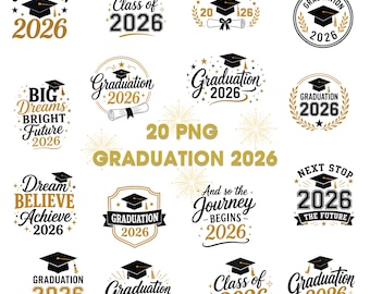 Graduation 2026 Clipart Bundle, 20 PNG, Grad Cap Clipart, Sublimation, Digital Download