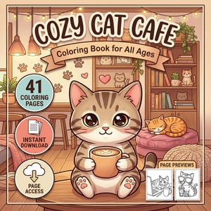 以下が含まれることがあります： 「Cozy Cat Cafe Coloring Book for All Ages」と題されたデジタル塗り絵の表紙。コーヒーカップを持った茶色のトラ猫が描かれています。画像には、41ページの塗り絵、即時ダウンロード、ページプレビューへのアクセスを示すテキストが含まれています。