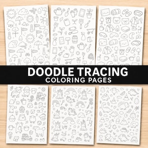 May include: Six white sheets of paper featuring black line art doodle tracing colouring pages. The designs include weather icons, gardening tools, bedtime items, farm animals, unicorns with rainbows, and various dinosaurs on each page.