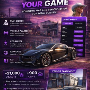 May include: A promotional image for a game modification tool. The image features a sleek black sports car, a woman in a cowboy hat, and text that reads "MOD YOUR GAME." The interface includes options for map editing, vehicle placement, and pedestrian customization.