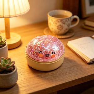 Puede incluir: Objeto decorativo redondo e iluminado con una cara sonriente. La parte superior es rosa translúcido con purpurina, sobre una base beige. Sobre una superficie de madera, con una lámpara y una taza de té al fondo.