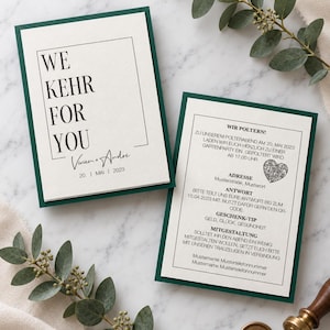 Einladung Polterabend • We kehr for you • Grün + Weiß • Personalisierbare Karte mit QR Code • Witzig & Elegant