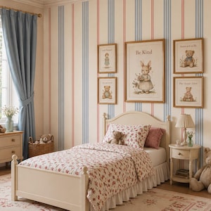May include: A child's bedroom with a cream-coloured bed, floral bedding, and framed artwork. The room features a striped wallpaper in cream, blue, and red. A large stuffed bunny sits near the bed, and a teddy bear is on the bed.