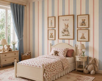 Red Blue Stripe Wallpaper, Classic Nursery Wall Decor, Kids Room Pattern