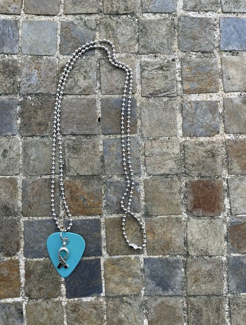 Hope Ribbon Guitar Pick Necklace, Light Blue With Hope Charm. Prostate