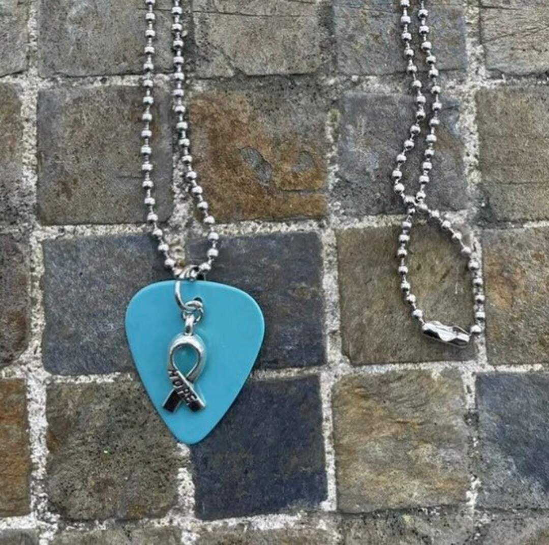 Hope Ribbon Guitar Pick Necklace, Light Blue With Hope Charm. Prostate