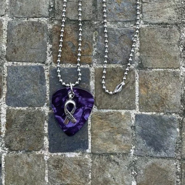 Purple Hope Ribbon Guitar Pick Necklace, Pancreatic, Testicular, Thyroid Cancer.