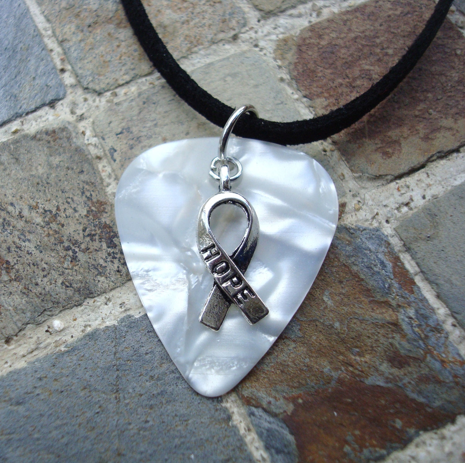 Hope Ribbon Guitar Pick Necklace Pearl Swirl Lung Cancer Etsy
